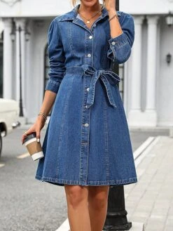 Women's Shirt Dress Casual Dress Mini Dress Outdoor Daily Vacation Denim Fashion Classic Shirt Collar Lace Up Button Long Sleeve Fall Winter 2023 Loose Fit Blue Pure Color XS S M L