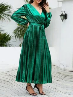 Women's Casual Dress Winter Dress Plain Dress Midi Dress Lace Up Pleated Outdoor Street Daily Fashion Streetwear V Neck Long Sleeve 2023 Loose Fit Yellow Red Purple Color S M L XL XXL Size