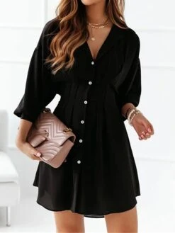 Women's Shirt Dress Casual Dress Mini Dress Outdoor Daily Vacation Polyester Fashion Modern Shirt Collar Button 3/4 Length Sleeve Fall Winter 2023 Loose Fit Black White Pure Color S M L XL 2XL -Casual Print Dress Sales dzjaon1695813899847