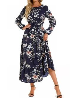Women's Casual Dress Swing Dress A Line Dress Floral Print Crew Neck Long Dress Maxi Dress Fashion Modern Daily Holiday Long Sleeve Regular Fit Black White Yellow Fall Winter S M L XL -Casual Print Dress Sales dzmely1695036782457