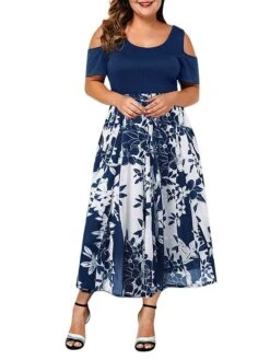Women‘s Plus Size Curve Casual Dress Skater Dress A Line Dress Floral Long Dress Maxi Dress Short Sleeve Hollow Out Print Crew Neck Fashion Outdoor Black Wine Summer Spring L XL XXL 3XL 4XL -Casual Print Dress Sales dzoyjp1678257280548