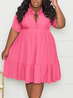 Women‘s Plus Size Curve Shirt Dress Solid Color Shirt Collar Ruffle Half Sleeve Spring Summer Casual Knee Length Dress Daily Holiday Dress -Casual Print Dress Sales dzzvad1656491038373