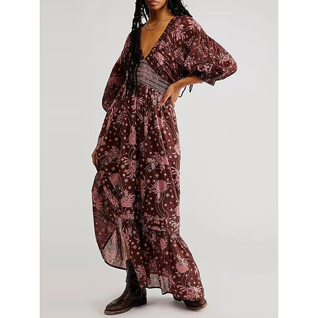 Women's Casual Dress A Line Dress Print Dress Floral Ruched Print V Neck Long Dress Maxi Dress Active Fashion Outdoor Street 3/4 Length Sleeve Loose Fit Black White Blue Fall Winter S M L XL 4 Women's Casual Dress A Line Dress Print Dress Floral Ruched Print V Neck Long Dress Maxi Dress Active Fashion Outdoor Street 3/4 Length Sleeve Loose Fit Black White Blue Fall Winter S M L XL - Image 4
