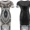 Women's Retro 1920s Fringe Dress Midi Dress Party Halloween Sequins Tassel Fringe Floral Crewneck Short Sleeve Regular Fit Spring Fall 2023 Black Gold S M L XL