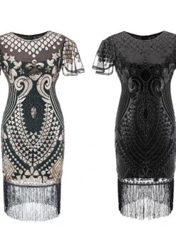 Women's Retro 1920s Fringe Dress Midi Dress Party Halloween Sequins Tassel Fringe Floral Crewneck Short Sleeve Regular Fit Spring Fall 2023 Black Gold S M L XL