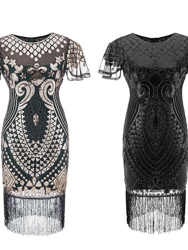 Women's Retro 1920s Fringe Dress Midi Dress Party Halloween Sequins Tassel Fringe Floral Crewneck Short Sleeve Regular Fit Spring Fall 2023 Black Gold S M L XL 1 Women's Retro 1920s Fringe Dress Midi Dress Party Halloween Sequins Tassel Fringe Floral Crewneck Short Sleeve Regular Fit Spring Fall 2023 Black Gold S M L XL
