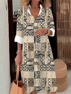 Women's Shirt Dress Casual Dress Midi Dress Outdoor Daily Date Polyester Fashion Modern Shirt Collar Button Pocket Long Sleeve Fall Winter 2023 Loose Fit Royal Blue Blue Green Geometric Plaid Tribal -Casual Print Dress Sales ebdini1695103247699