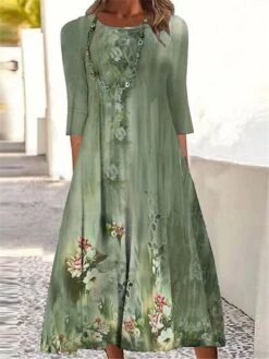 Women's Casual Dress Summer Dress Print Dress Floral Ruched Print Crew Neck Midi Dress Active Fashion Outdoor Daily 3/4 Length Sleeve Regular Fit Dark Green Purple Fuchsia Summer Spring S M L XL XXL -Casual Print Dress Sales eborlo1690458703251