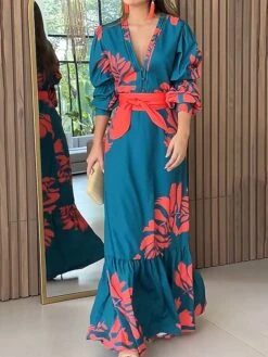 Women's Casual Dress Swing Dress Print Dress Leaf Ruffle Button V Neck Long Dress Maxi Dress Fashion Streetwear Daily Holiday 3/4 Length Sleeve Regular Fit Blue Fall Winter S M L XL XXL -Casual Print Dress Sales ebtimx1696761065258