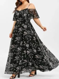 Women‘s Plus Size Curve Casual Dress Chiffon Dress Swing Dress Floral Long Dress Maxi Dress Short Sleeve Backless Print Strap Fashion Daily Black Summer Spring L XL XXL 3XL 4XL