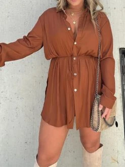 Women's Shirt Dress Casual Dress Mini Dress Outdoor Daily Date Polyester Fashion Casual Shirt Collar Lace Up Button Long Sleeve Fall Winter 2023 Loose Fit ArmyGreen Black Wine Pure Color S M L XL 2XL -Casual Print Dress Sales edkvgj1695644800177