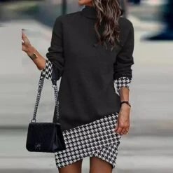Women's Sweatshirt Dress Winter Dress Shift Dress Midi Dress Black And White Black Gray Black And White Stripes 3/4 Length Sleeve Print Print Fall Winter Autumn Turtleneck Fashion 2023 S M L XL 2XL -Casual Print Dress Sales edngaq1692265337474