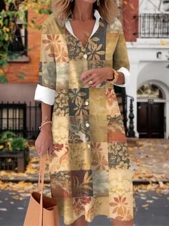 Women's Shirt Dress Casual Dress Midi Dress Outdoor Daily Date Polyester Fashion Modern Shirt Collar Button Pocket Long Sleeve Fall Winter 2023 Loose Fit Brown Khaki Gray Leaf Floral Geometric S M L
