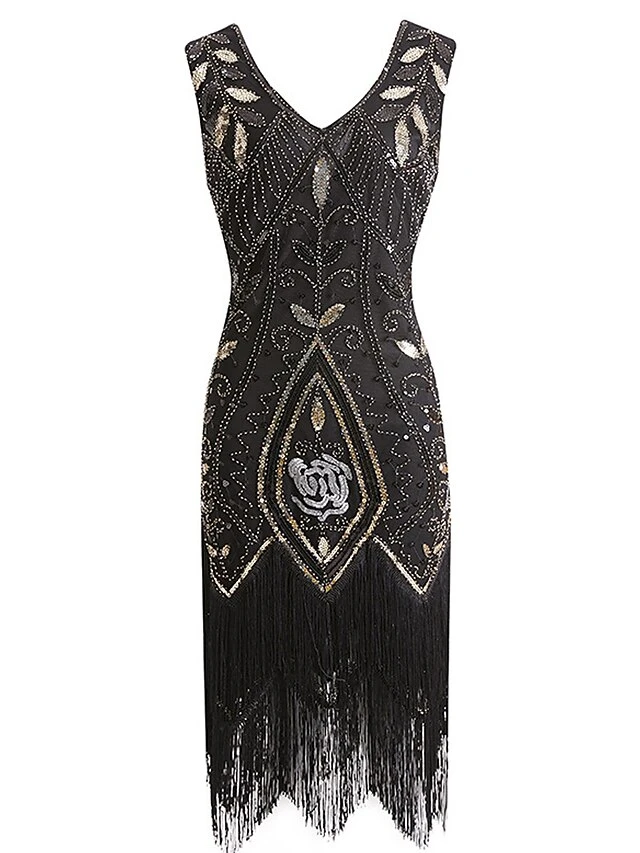 Women's Retro 1920s Fringe Dress Midi Dress Party Halloween Sequins Tassel Fringe Leaf V Neck Sleeveless Regular Fit Spring Fall 2023 Black Wine S M L XL 4 Women's Retro 1920s Fringe Dress Midi Dress Party Halloween Sequins Tassel Fringe Leaf V Neck Sleeveless Regular Fit Spring Fall 2023 Black Wine S M L XL - Image 4