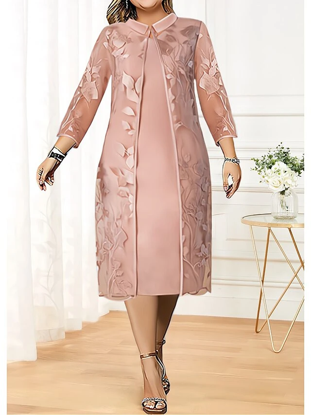 Women's Plus Size Curve Party Dress Dress Set Two Piece Dress Floral Midi Dress 3/4 Length Sleeve Mesh Embroidered Shirt Collar Fashion Party Pink Fall Winter L XL XXL 3XL 4XL 1 Women's Plus Size Curve Party Dress Dress Set Two Piece Dress Floral Midi Dress 3/4 Length Sleeve Mesh Embroidered Shirt Collar Fashion Party Pink Fall Winter L XL XXL 3XL 4XL