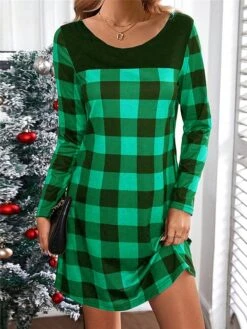 Women's Casual Dress Christmas Dress T Shirt Dress Tee Dress Plaid Print V Neck Mini Dress Fashion Streetwear Outdoor Christmas Long Sleeve Loose Fit Red Green Gray Fall S M L XL XXL -Casual Print Dress Sales efhawr1695381156007