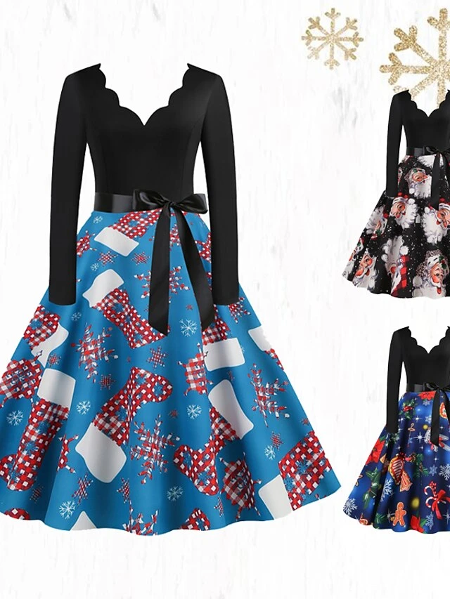 Women's Christmas Swing Dress Vintage DressKnee Length Dress Blue Red Navy Blue Black Long Sleeve Plaid Santa Claus Elk Bow Print Fall Winter V Neck Vacation Vintage 2022 S M L XL XXL 3XL 1 Women's Christmas Swing Dress Vintage DressKnee Length Dress Blue Red Navy Blue Black Long Sleeve Plaid Santa Claus Elk Bow Print Fall Winter V Neck Vacation Vintage 2022 S M L XL XXL 3XL