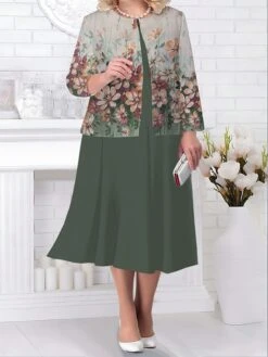 Women's Plus Size Curve Two Piece Dress Set Casual Dress Swing Dress Outdoor Office Fashion Streetwear Print Midi Dress Crew Neck Long Sleeve Floral Purple Brown Green Fall Winter L XL XXL 3XL