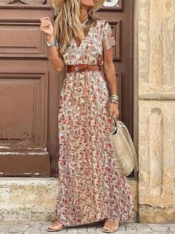 Women's Casual Dress A Line Dress Summer Dress Floral Paisley Split Print V Neck Long Dress Maxi Dress Tropical Fashion Outdoor Street Short Sleeve Regular Fit Wine Red Green Summer Spring S M L XL