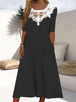 Women's Casual Dress White Dress Summer Dress Midi Dress Lace Patchwork Daily Date Going Out Fashion Basic Crew Neck Short Sleeve 2023 Loose Fit Black White Army Green Color M L XL XXL 3XL Size -Casual Print Dress Sales ehparc1691566512350
