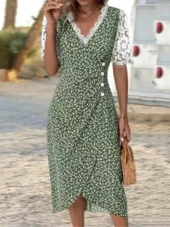 Women's Casual Dress Wrap Dress Summer Dress Ditsy Floral Lace Patchwork V Neck Midi Dress Fashion Streetwear Daily Holiday Short Sleeve Loose Fit Black Red Blue Summer Spring S M L XL XXL