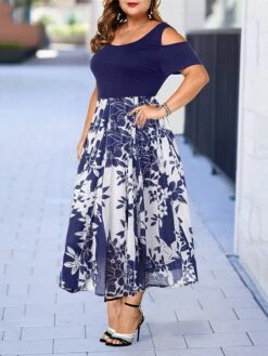 Women‘s Plus Size Curve Casual Dress Skater Dress A Line Dress Floral Long Dress Maxi Dress Short Sleeve Hollow Out Print Crew Neck Fashion Outdoor Black Wine Summer Spring L XL XXL 3XL 4XL -Casual Print Dress Sales eiaudp1678257279771