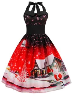 Women's Christmas Knee Length Dress Blue Purple Blushing Pink Red Sleeveless Print Lace Up Print Fall Summer Halter Neck VintageParty Slim 2021 S M L XL XXL -Casual Print Dress Sales eicnxo1601018455189