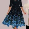Women's Casual Dress Swing Dress A Line Dress Floral Ombre Print V Neck Midi Dress Fashion Streetwear Outdoor Daily 3/4 Length Sleeve Regular Fit Black Yellow Navy Blue Summer Spring S M L XL XXL
