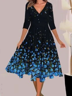 Women's Casual Dress Swing Dress A Line Dress Floral Ombre Print V Neck Midi Dress Fashion Streetwear Outdoor Daily 3/4 Length Sleeve Regular Fit Black Yellow Navy Blue Summer Spring S M L XL XXL