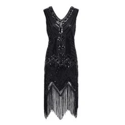 Women's Retro 1920s Fringe Dress Midi Dress Party Halloween Sequins Tassel Fringe Floral V Neck Sleeveless Regular Fit Spring Fall 2023 Black White S M L XL -Casual Print Dress Sales eijhul1692610416699