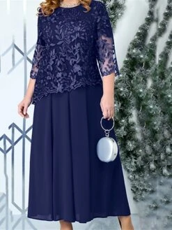 Women's Plus Size Party Dress Lace Dress Cocktail Dress Midi Dress Navy Blue 3/4 Length Sleeve Pure Color Lace Spring Fall Winter Crew Neck Fashion Winter Dress Wedding Guest Vacation 2023 L XL XXL