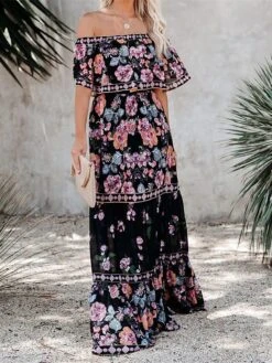 Women's Boho Dress Beach Dress Beach Wear Long Dress Maxi Dress Ruffle Print Boho Casual Floral Off Shoulder Short Sleeve Loose Fit Outdoor Daily Black White 2023 Spring Summer S M L XL -Casual Print Dress Sales ejrgop1675160148489