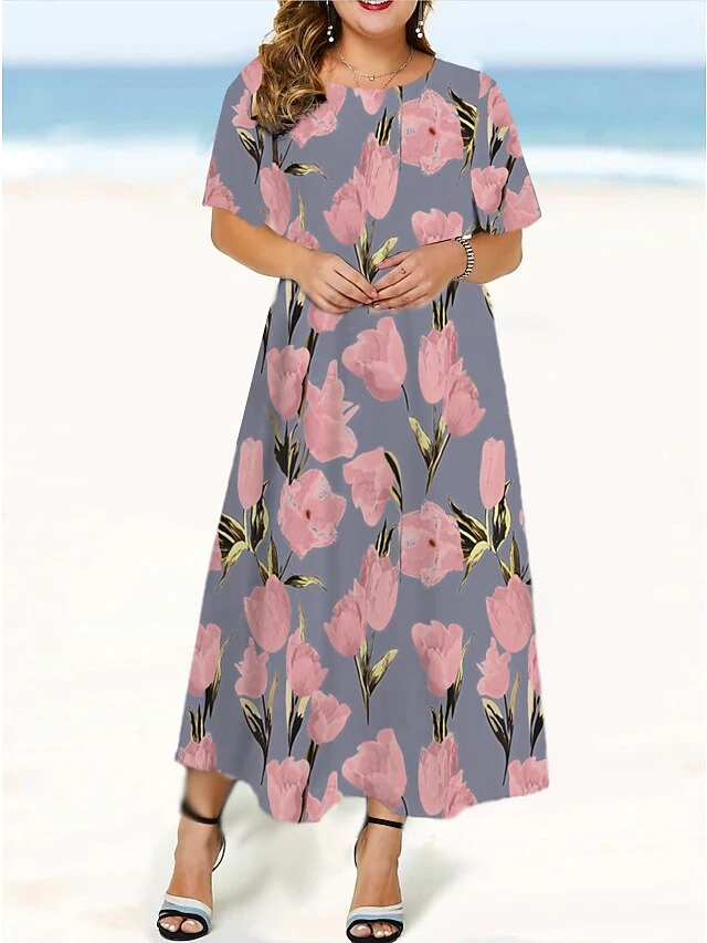 Women‘s Plus Size Curve Casual Dress Floral Long Dress Maxi Dress Short Sleeve Print Crew Neck Fashion Outdoor Pink Purple Summer Spring L XL XXL 3XL 4XL 6 Women‘s Plus Size Curve Casual Dress Floral Long Dress Maxi Dress Short Sleeve Print Crew Neck Fashion Outdoor Pink Purple Summer Spring L XL XXL 3XL 4XL - Image 6