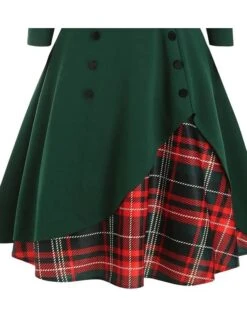 Women‘s Christmas Swing Dress Plaid Dress Vintage Dress Midi Dress Green Long Sleeve Plaid Button Winter Fall Spring Square Neck Modern Vacation 2022 S M L XL XXL 3XL -Casual Print Dress Sales ejwvpr1667613378793