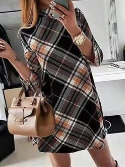 Women's T Shirt Dress Casual Dress Shift Dress Plaid Print Stand Collar Mini Dress Active Fashion Outdoor Daily Long Sleeve Loose Fit Red Khaki Gray Fall Winter S M L XL XXL
