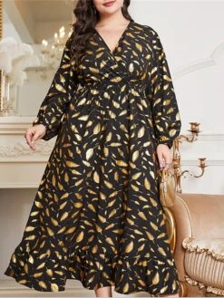 Women's Plus Size Prom Dress Party Dress Wedding Guest Dress Long Dress Maxi Dress Black Long Sleeve Print Ruched Fall Winter Autumn V Neck Fashion Winter Dress Evening Party Wedding Guest 2023 L XL -Casual Print Dress Sales ekfuks1693535313915