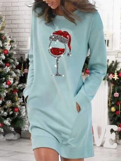Women's Casual Dress Sweatshirt Dress Shift Dress Mini Dress Light Blue White Grey Long Sleeve Christmas Hat Pocket Fall Winter Autumn Crew Neck Stylish Winter Dress Christmas Fall Dress Loose Fit