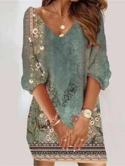 Women's Casual Dress Ethnic Dress Summer Dress Floral Color Block Print V Neck Mini Dress Vintage Ethnic Outdoor Daily 3/4 Length Sleeve Loose Fit Black Yellow Wine Summer Spring S M L XL XXL -Casual Print Dress Sales elgyge1689247547220