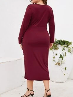 Women‘s Plus Size Curve Work Dress Sheath Dress Semi Formal Dress Fashion Midi Dress Ruched Split V Neck Long Sleeve Plain Regular Fit Black Wine Purple Fall Winter L XL XXL 3XL 4XL -Casual Print Dress Sales elkcxc1691401369424