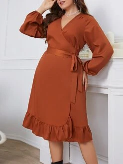 Women's Plus Size Curve Party Dress Wedding Guest Dress Semi Formal Dress Midi Dress Brown Long Sleeve Pure Color Ruffle Spring Fall Winter V Neck Fashion Winter Dress Office Evening Party XL XXL 3XL