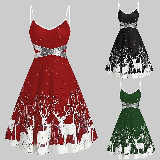 Women's Christmas Strap DressKnee Length Dress Green Black Red Sleeveless Animal Sequins Patchwork Print Spring Summer V Neck Hot Party 2022 S M L XL XXL 3XL 1 Women's Christmas Strap DressKnee Length Dress Green Black Red Sleeveless Animal Sequins Patchwork Print Spring Summer V Neck Hot Party 2022 S M L XL XXL 3XL