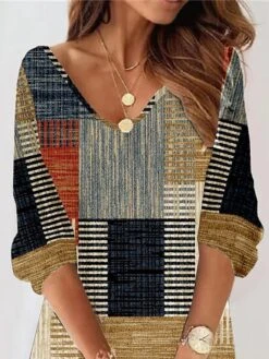Women's Casual Dress Sweatshirt Dress Print Dress Geometric Color Block Print V Neck Mini Dress Fashion Streetwear Outdoor Daily 3/4 Length Sleeve Loose Fit Yellow Fall S M L XL XXL -Casual Print Dress Sales elqyny1693902929958