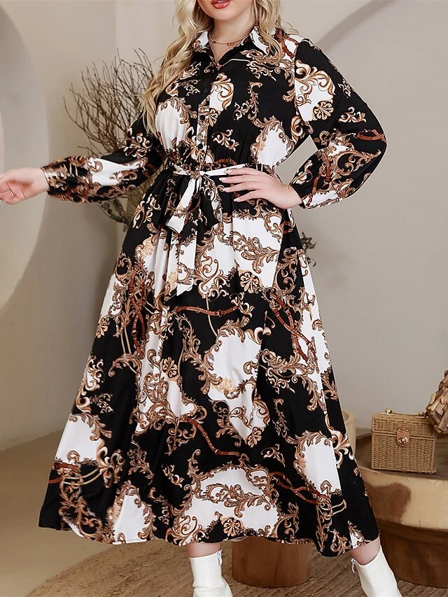 Women's Plus Size Curve Work Dress Swing Dress Semi Formal Dress Fashion Midi Dress Lace Up Button Shirt Collar Long Sleeve Floral Loose Fit Black Fall Winter L XL XXL 3XL 4XL 1 Women's Plus Size Curve Work Dress Swing Dress Semi Formal Dress Fashion Midi Dress Lace Up Button Shirt Collar Long Sleeve Floral Loose Fit Black Fall Winter L XL XXL 3XL 4XL