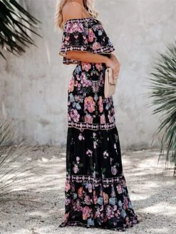 Women's Boho Dress Beach Dress Beach Wear Long Dress Maxi Dress Ruffle Print Boho Casual Floral Off Shoulder Short Sleeve Loose Fit Outdoor Daily Black White 2023 Spring Summer S M L XL -Casual Print Dress Sales emfjcc1675160147246