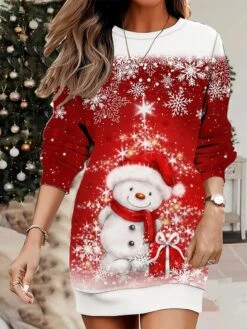 Women's Christmas Casual Dress Sweatshirt Dress Mini Dress Warm Fashion Outdoor Vacation Crew Neck Print Santa Claus Snowman Loose Fit White Wine Rusty Red S M L XL XXL