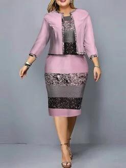 Women's Plus Size Curve Casual Dress Dress Set Two Piece Dress Gradient Stripe Midi Dress Long Sleeve Print Crew Neck Fashion Outdoor Pink Blue Fall Winter L XL XXL 3XL 4XL