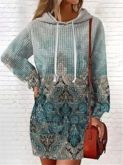 Women's Casual Dress Hoodie Dress Mini Dress Warm Fashion Outdoor Vacation Going Out V Neck Pocket Print Floral Geometric Loose Fit Pink Burgundy Blue S M L XL XXL -Casual Print Dress Sales enrnae1694166439145