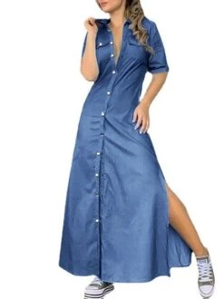 Women's Denim Dress Shirt Dress Shift Dress Maxi Long Dress Outdoor Vacation Denim Elegant Classic Shirt Collar Button Split Half Sleeve Summer Spring 2023 Regular Fit Black Navy Blue Light Blue Pure -Casual Print Dress Sales ensfyf1654746626545