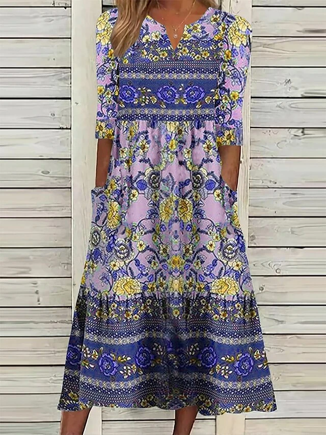 Women's Casual Dress Ethnic Dress Summer Dress Floral Ruched Pocket V Neck Midi Dress Vintage Ethnic Outdoor Daily 3/4 Length Sleeve Loose Fit Blue Purple Green Summer Spring S M L XL XXL 5 Women's Casual Dress Ethnic Dress Summer Dress Floral Ruched Pocket V Neck Midi Dress Vintage Ethnic Outdoor Daily 3/4 Length Sleeve Loose Fit Blue Purple Green Summer Spring S M L XL XXL - Image 5