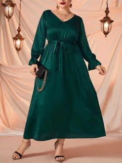 Women's Plus Size Work Dress Swing Dress Semi Formal Dress Fashion Long Dress Maxi Dress Lace Up V Neck Long Sleeve Plain Regular Fit Green Fall Winter L XL XXL 3XL 4XL